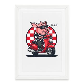 Sur mon scooter sur la route : Le cochon cyclomoteur - Affiche encadrée (27 × 37 cm) - blanc - Devant