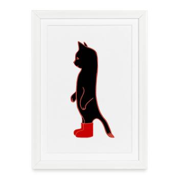 Chat Noir avec Bottes Rouge  - Affiche encadrée (27 × 37 cm) - blanc - Devant