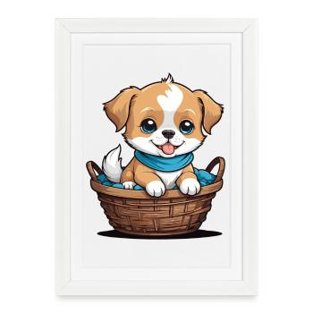 Chien mignon dans un panier pour chien - Affiche encadrée (27 × 37 cm) - blanc - Devant
