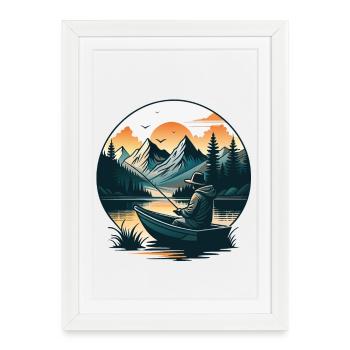 Scène sereine du pêcheur du lac de montagne - Affiche encadrée (27 × 37 cm) - blanc - Devant