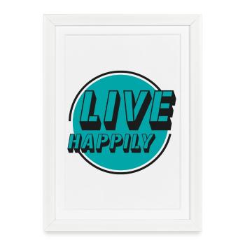 Live Happily Retro Kreis - Gerahmtes Poster (27 × 37 cm) - Weiß - Vorne