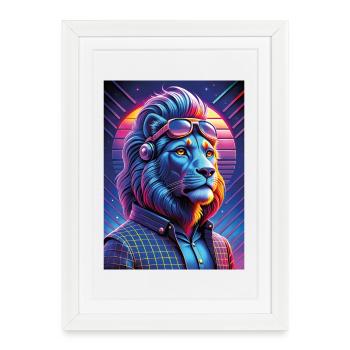 Cyber Lion néon avec lunettes de soleil - Affiche encadrée (27 × 37 cm) - blanc - Devant