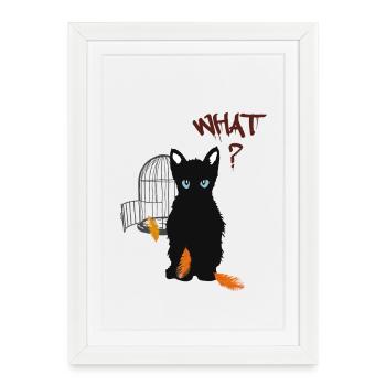 Little black cute kitten and bird - Framed poster (27 × 37 cm) - white - Front