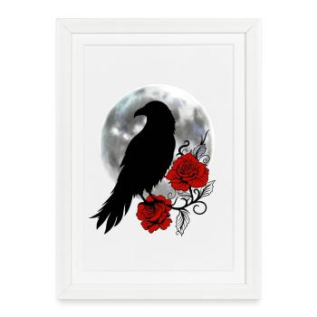 Corbeau noir Roses rouges pleine lune - Affiche encadrée (27 × 37 cm) - blanc - Devant