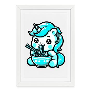 Japonais Kawaii Licorne Ramen Cuisine Asiatique - Affiche encadrée (27 × 37 cm) - blanc - Devant