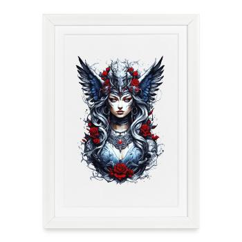 Valkyrie avec corbeaux, roses, vikings - Affiche encadrée (27 × 37 cm) - blanc - Devant