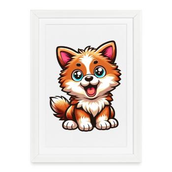 T-shirt mignon de dessin animé Corgi Joyful Puppy Love - Affiche encadrée (27 × 37 cm) - blanc - Devant