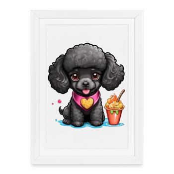 Black poodle with heart at the feeding trough - Framed poster (27 × 37 cm) - white - Front