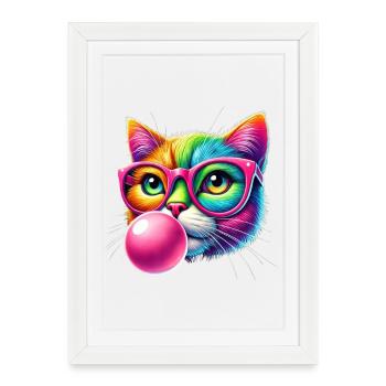 Chat coloré avec des lunettes et un design de chewing-gum - Affiche encadrée (27 × 37 cm) - blanc - Devant