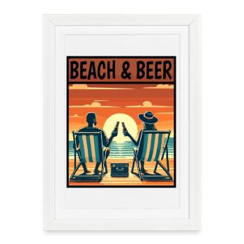 Plage et bière, coucher de soleil, détente, vacances, couple - Affiche encadrée (27 × 37 cm) - blanc - Devant