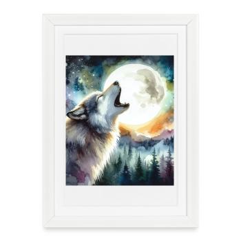 LOUP AU CLAIR DE LUNE HURLEMENT RITUEL NOCTURNE, NATURE SAUVAGE - Affiche encadrée (27 × 37 cm) - blanc - Devant