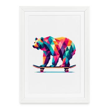 Geometric Polygon Bear Skateboarding Colorful Art - Framed poster (27 × 37 cm) - white - Front