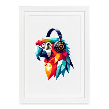Polygone Perroquet avec casque Coloré Musique Amour - Affiche encadrée (27 × 37 cm) - blanc - Devant