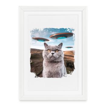 Funny British Shorthair Cat selfie with Alien UFOs - Framed poster (27 × 37 cm) - white - Front
