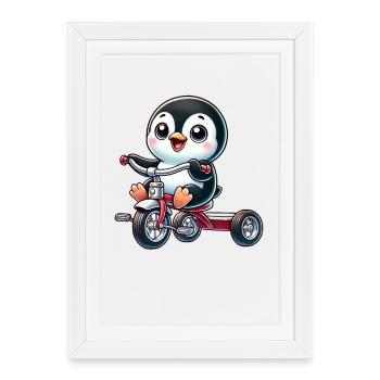 pingouin rieur sur tricycle enfants joyeux - Affiche encadrée (27 × 37 cm) - blanc - Devant