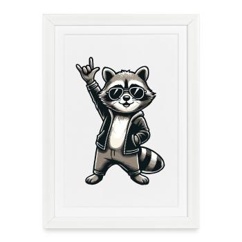 raton laveur avec pose de roche raton laveur musicien de musique rock - Affiche encadrée (27 × 37 cm) - blanc - Devant