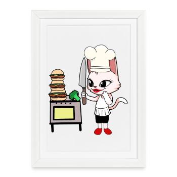 Cat Cuisinier Cuisinier Cuisiniers Chats Hôtes - Affiche encadrée (27 × 37 cm) - blanc - Devant