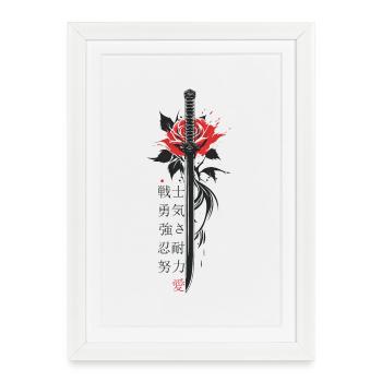 Japon Personnages Épée Rose Esthétique - Affiche encadrée (27 × 37 cm) - blanc - Devant