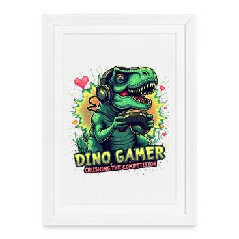 Dino Gamer Joystick Dinosaure - Affiche encadrée (27 × 37 cm) - blanc - Devant