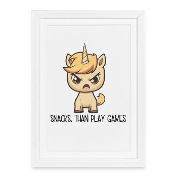 Licorne en colère – Snacks plutôt que jeux - Affiche encadrée (27 × 37 cm) - blanc - Devant