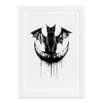 Gothique Noir Chat Chauve-souris Ailes Croissant de Lune Sombre - Affiche encadrée (27 × 37 cm) - blanc - Devant