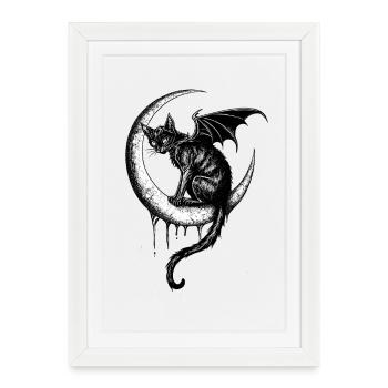 Gothique Noir Chat Chauve-souris Ailes Croissant de Lune Sombre - Affiche encadrée (27 × 37 cm) - blanc - Devant