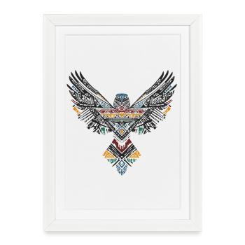 Tribal Hawk Boho Faucon Oiseau Totem Bohème - Affiche encadrée (27 × 37 cm) - blanc - Devant