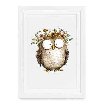 hibou avec des fleurs sauvages Floral Couronne Cartoon - Affiche encadrée (27 × 37 cm) - blanc - Devant
