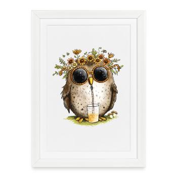 Hibou avec lunettes de soleil et limonade - Affiche encadrée (27 × 37 cm) - blanc - Devant