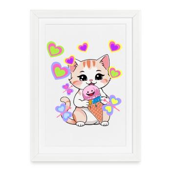 Cats Summertime Kids Child Cat Cream Hearts - Framed poster (27 × 37 cm) - white - Front