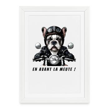 Bouledogue Motard : En Avant la Meute ! - Affiche encadrée (27 × 37 cm) - blanc - Devant