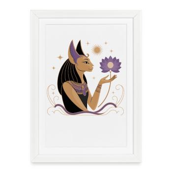 Bastet serein tenant une fleur de lotus - Affiche encadrée (27 × 37 cm) - blanc - Devant