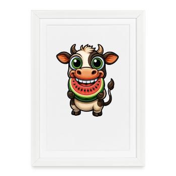 Vache taureau aux fruits d’été pastèque - Affiche encadrée (27 × 37 cm) - blanc - Devant