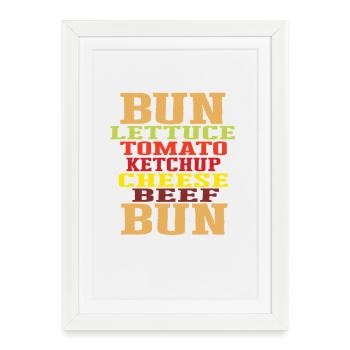 Délicieux burgers à la viande, tomate, fromage, ketchup - Affiche encadrée (27 × 37 cm) - blanc - Devant