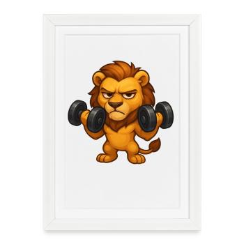 Grumpy Lion Fitness Haltère Biceps Entraînement - Affiche encadrée (27 × 37 cm) - blanc - Devant