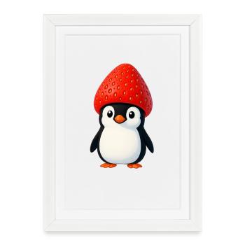 Funny penguin with strawberry and hat - Framed poster (27 × 37 cm) - white - Front