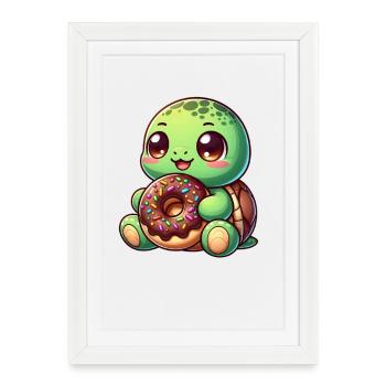 Tortue mignonne avec beignet dessin animé grignotage - Affiche encadrée (27 × 37 cm) - blanc - Devant