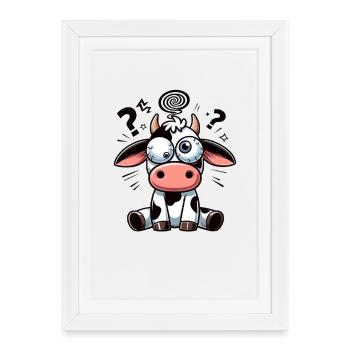 Drôle Vache Confuse Dessin Animé Yeux Écarquillés Maladroits - Affiche encadrée (27 × 37 cm) - blanc - Devant
