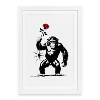 Monkeys with Red Rose – Banksy Inspiration - Framed poster (27 × 37 cm) - white - Front
