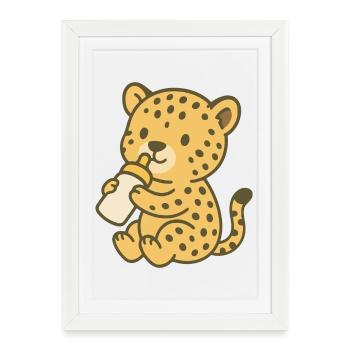 Bébé guépard avec biberon - Affiche encadrée (27 × 37 cm) - blanc - Devant