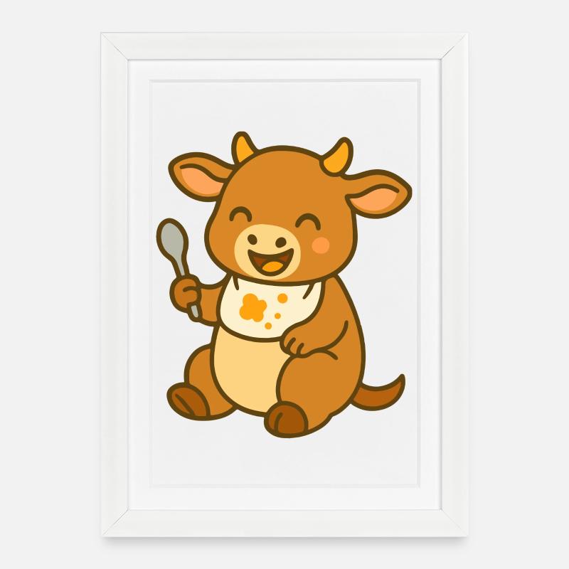 Kälbchen mit Lätzchen und Futterfreude - Gerahmtes Poster (27 × 37 cm) - Weiß