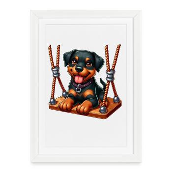 Chiot Rottweiler joyeux sur la balançoire - Affiche encadrée (27 × 37 cm) - blanc - Devant