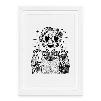 Cool Grandma – Clipart rétro avec lunettes de soleil - Affiche encadrée (27 × 37 cm) - blanc - Devant