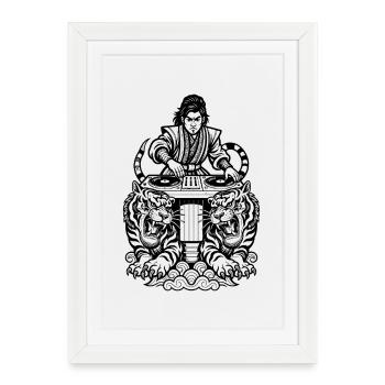 Chemise DJ : Samouraï à la table de mixage avec le pouvoir du tigre - Affiche encadrée (27 × 37 cm) - blanc - Devant