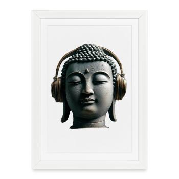 Bouddha avec casque Mindfulness Musique Boho Zen - Affiche encadrée (27 × 37 cm) - blanc - Devant