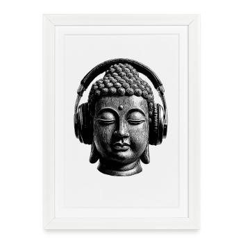 Buddha with Headphones Mindfulness Music Boho Zen - Framed poster (27 × 37 cm) - white - Front