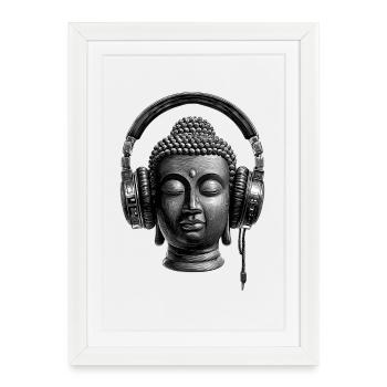 Bouddha avec casque Mindfulness Musique Boho Zen - Affiche encadrée (27 × 37 cm) - blanc - Devant