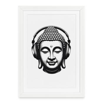 Bouddha avec casque Mindfulness Musique Boho Zen - Affiche encadrée (27 × 37 cm) - blanc - Devant