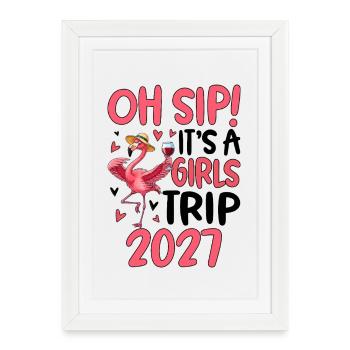Flamant rose avec du vin et un chapeau - Affiche encadrée (27 × 37 cm) - blanc - Devant