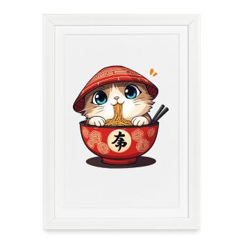 Chaton Japonais Mangeur de Ramen - Affiche encadrée (27 × 37 cm) - blanc - Devant